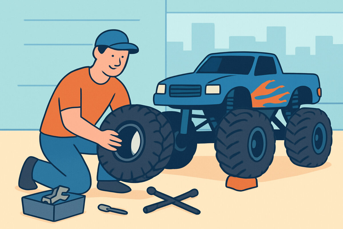 RC-monster truckin renkaiden vaihto suoritusta varten